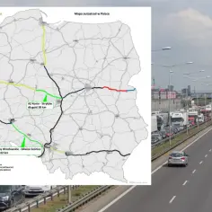 Mapa autostrad w Polsce z zaznaczonymi odcinkami płatnymi i bezpłatnymi oraz zakorkowana autostrada.