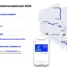 Mapa Polski z zaznaczonymi autostradami A1, A2, A4 i telefonem z aplikacją.