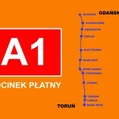 Znak A1 i mapa płatnego odcinka autostrady z zaznaczonymi miejscowościami od Rusocina do Torunia.