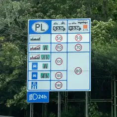 Znak drogowy z ograniczeniami prędkości na autostradach w Polsce dla różnych pojazdów.
